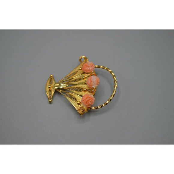 Sorrento Filigree Flower Basket Brooch 1/20 12K Gold Filled Signed Vtg Pin - Picture 2 of 11